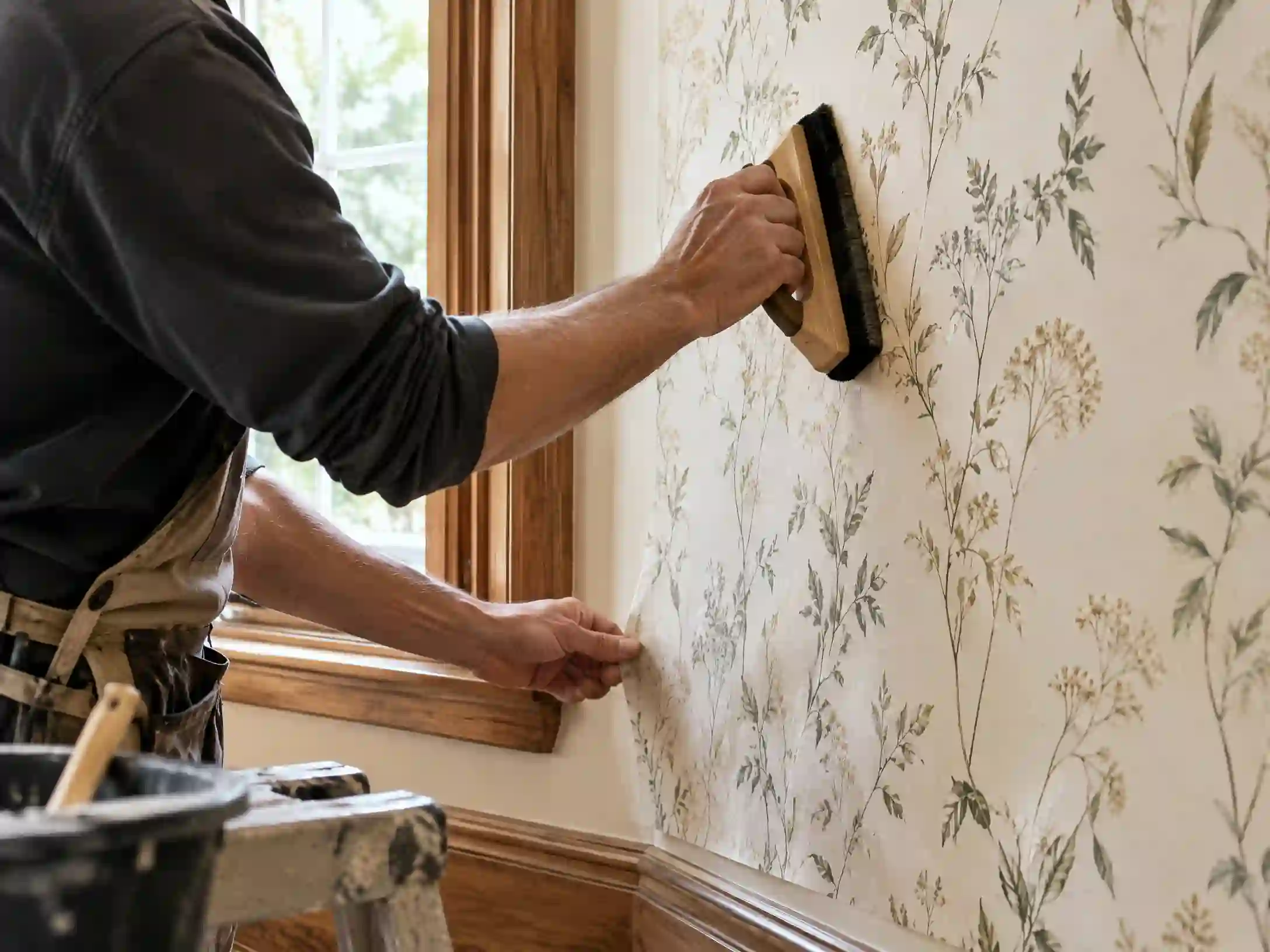 Professional wallpaper installer working on a pattern-focused interior installation